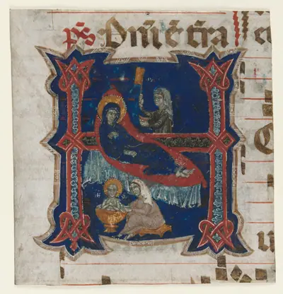 Fragment of a Choir Book with Historiated Initial (H): Birth of the Virgin