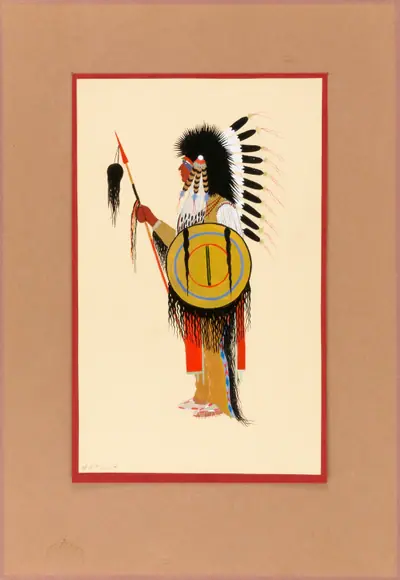 Cheyenne Warrior in Feather Headdress with Shield
