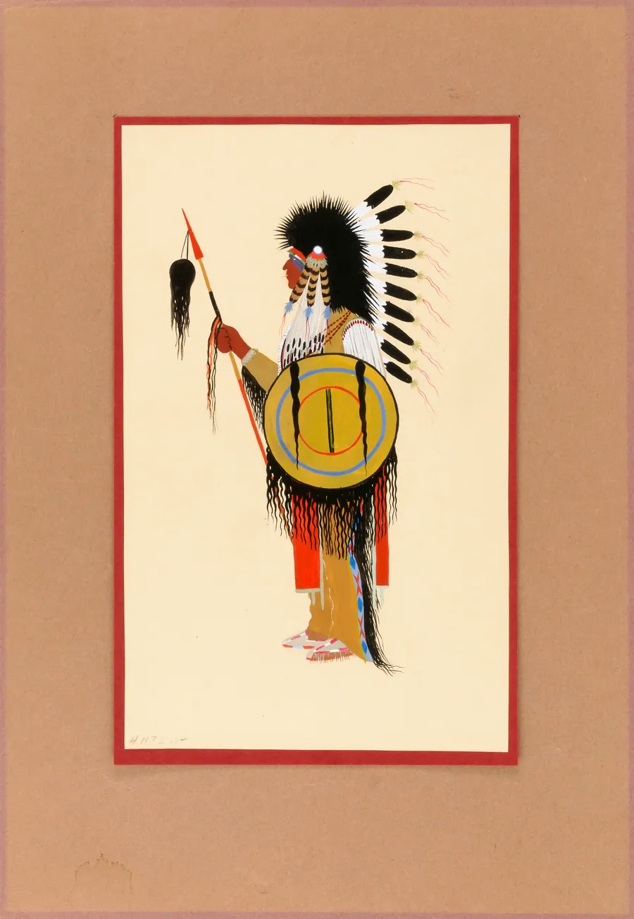 Cheyenne Warrior in Feather Headdress with Shield by Monroe Tsatoke, born Saddle Mountain, OK 1904-died OK 1937