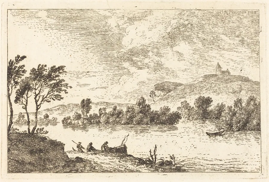 River Landscape with Figures and a Boat at Water's Edge by Nicolas Pérignon