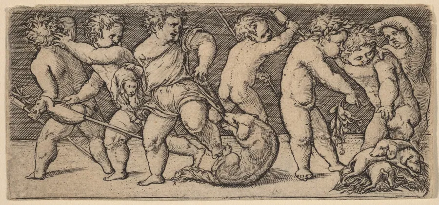 Children Playing with a Bitch and Three Young Dogs by Master of the Horse Heads