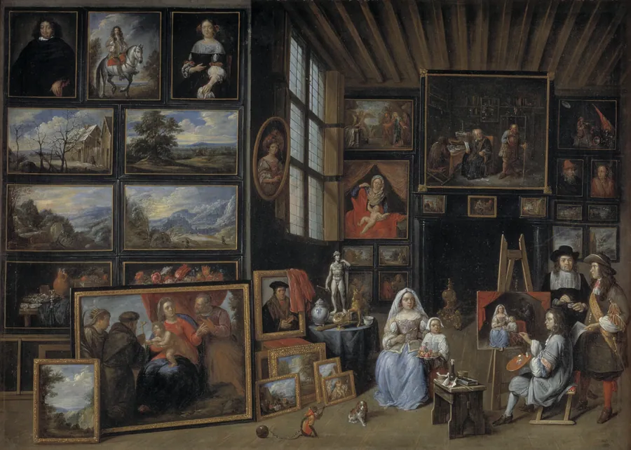 Et billedgalleri med en kunstner, der maler en kvinde og en pige. Allegori over malerkunsten by Gillis van Tilborgh