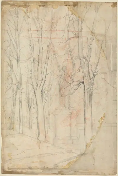 Sketch of Trees with a Statue on a Pedestal