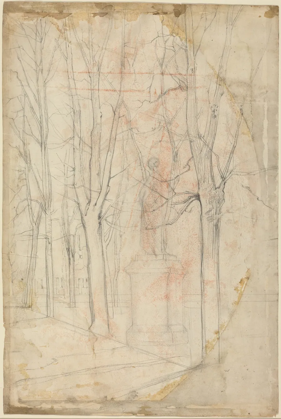 Sketch of Trees with a Statue on a Pedestal by Félix-Hilaire Buhot