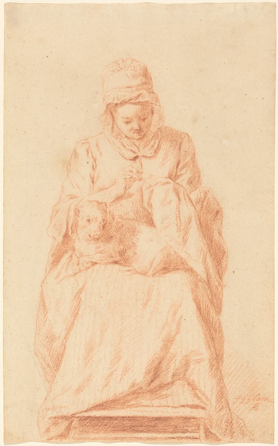 Young Woman Sewing with a Dog Resting on Her Lap by Johann Gottlieb Glume