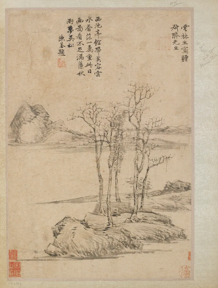 Five trees on a rocky promontory by Traditionally attributed to Ni Zan 倪瓚 (1306-1374)