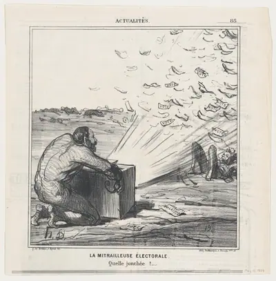 The electoral machine gun. What a strewing of flowers., from 'News of the day,' published in Le Charivari, May 11, 1869