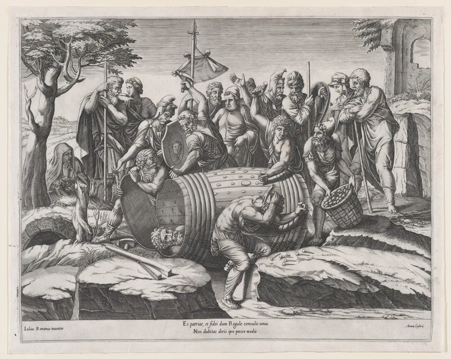 Speculum Romanae Magnificentiae: Attilius Regulus in a Barrel by Diana Scultori