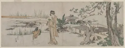 Two Women and a Child Beside a Goldfish Tank