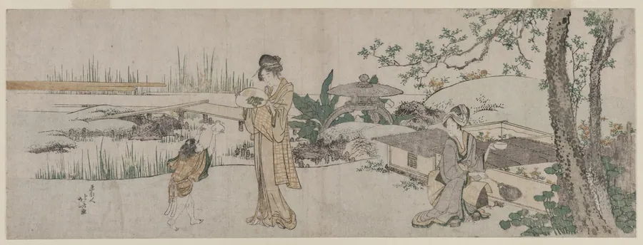 Two Women and a Child Beside a Goldfish Tank by Katsushika Hokusai