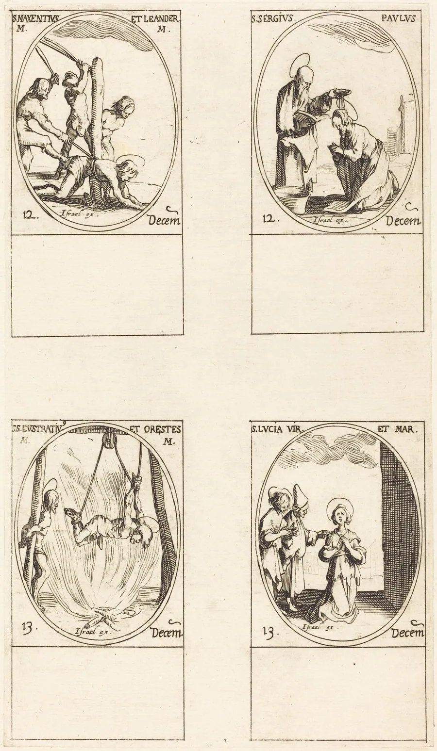 Sts. Maxentius & Leander; Sts. Sergius & Paul; Sts. Eustratius & Orestes; St. Lucy by Jacques Callot