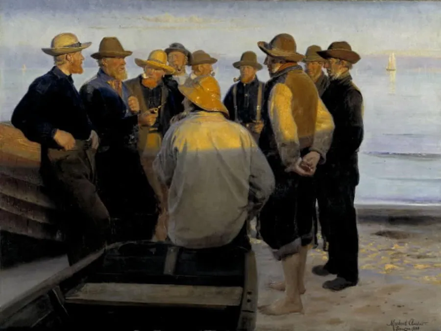 Fiskere ved stranden en stille sommeraften by Michael Ancher