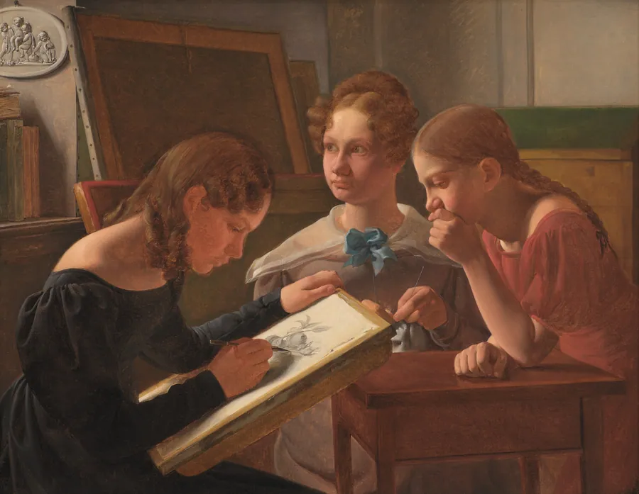Tre unge piger. Kunstnerens søstre Alvilde, Ida, Henriette by Constantin Hansen