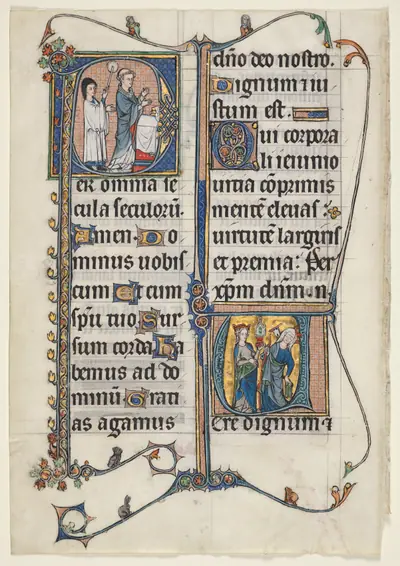 Leaf from a Missal with Two Historiated Initials: Initial P[er omnia saecula saeculorum] (A Priest Celebrates Mass) and Initial V[ere dignum et iustum est] (Ecclesia and Synagogue)