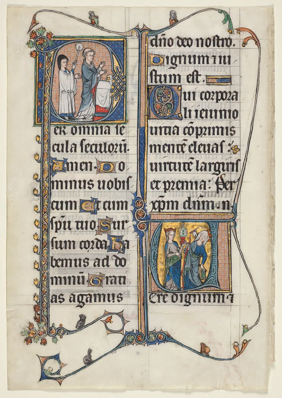 Leaf from a Missal with Two Historiated Initials: Initial P[er omnia saecula saeculorum] (A Priest Celebrates Mass) and Initial V[ere dignum et iustum est] (Ecclesia and Synagogue)