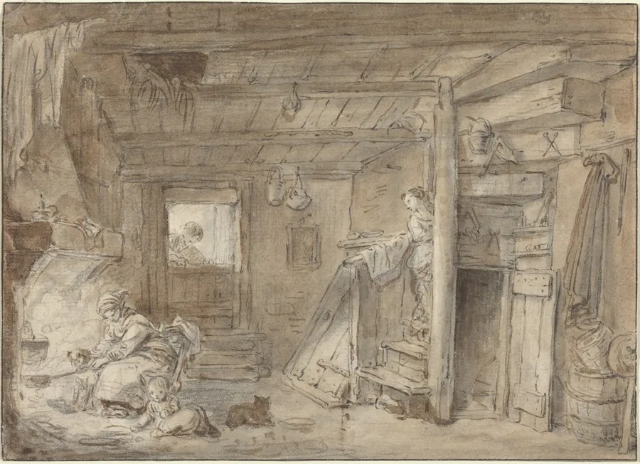 Interior of a Farmhouse with Figures by Hubert Robert