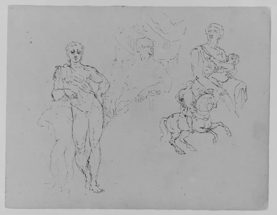 Unfinished Standing Classical Male Nude; Cardinal Bentivoglio after Van Dyke; Mother and Child; Equestrian Figure (from Sketchbook) by Thomas Sully