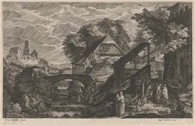 Farm Houses by a River with a City Beyond