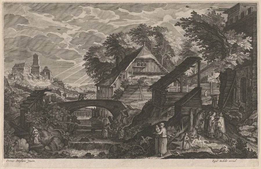 Farm Houses by a River with a City Beyond by Aegidius Sadeler II