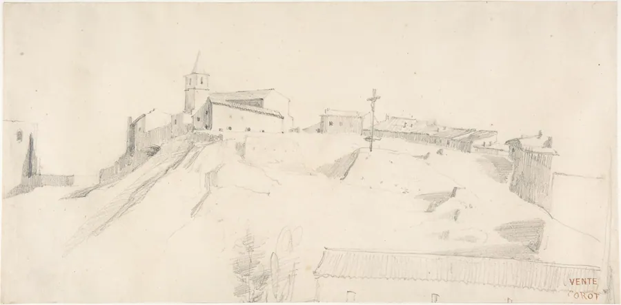View of a Hill Town with a Crucifix by Camille Corot