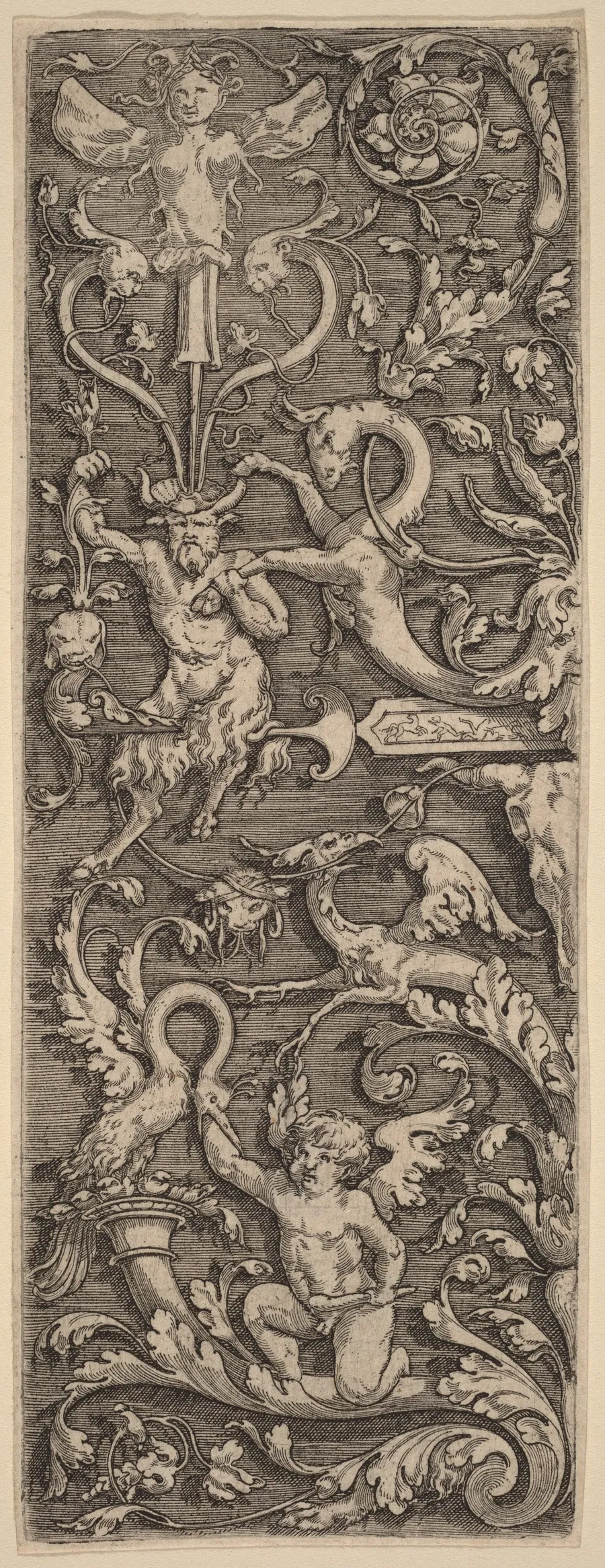Ornament with a Cupid, a Satyr,  and Grotesque Figures by Master of the Horse Heads