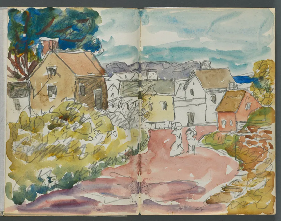 Sketchbook, The Dells, N° 127, page 166 & 167: Village with Houses and road by Maurice Prendergast