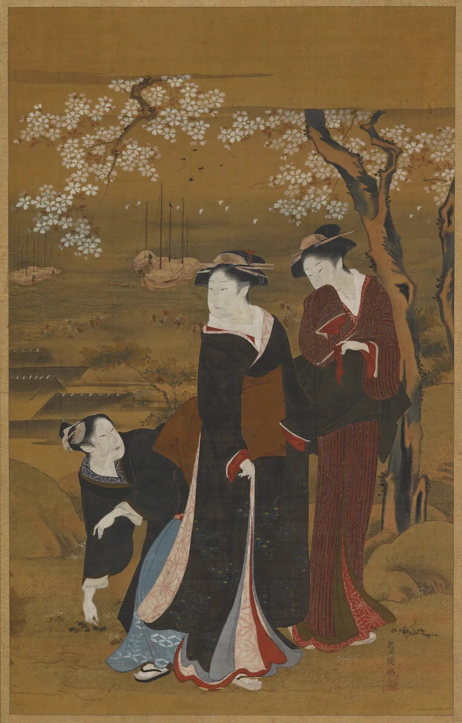 Three women under a flowering cherry tree at the seashore by Utagawa Toyokuni I 歌川豊国 (1769-1825)