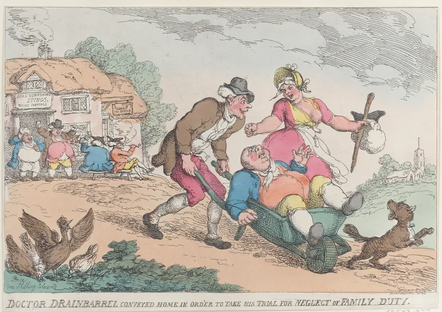 Doctor Drainbarrel Conveyed Home in order to Take His Trial for Neglect of Family Duty by Thomas Rowlandson