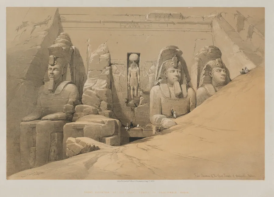 Egypt and Nubia, Volume II: Front Elevation of the Great Temple of Aboo Simbel, Nubia by Louis Haghe