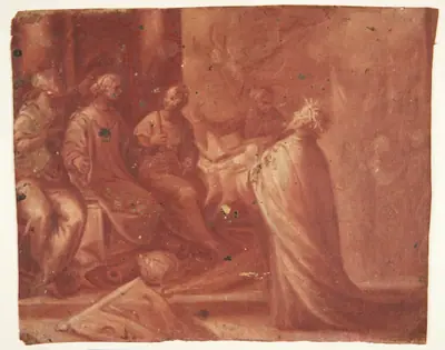 Jesus overrækker en mitre til en kvinde på en trone omgivet af to kvinder (allegori)