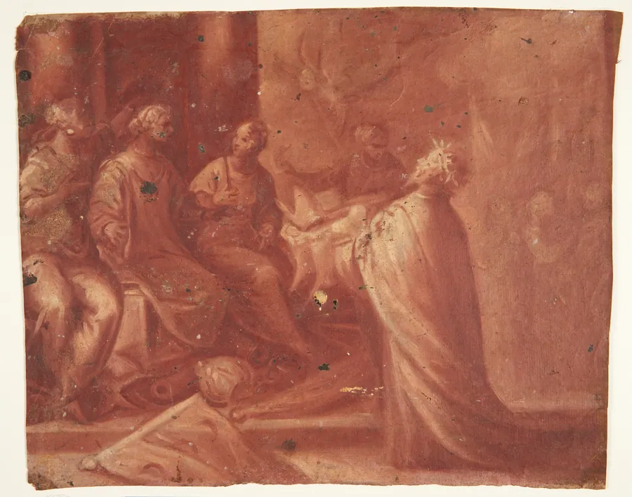 Jesus overrækker en mitre til en kvinde på en trone omgivet af to kvinder (allegori) by Ubekendt