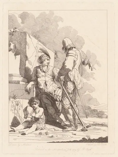 Two Soldiers and Child Holding a Helmet