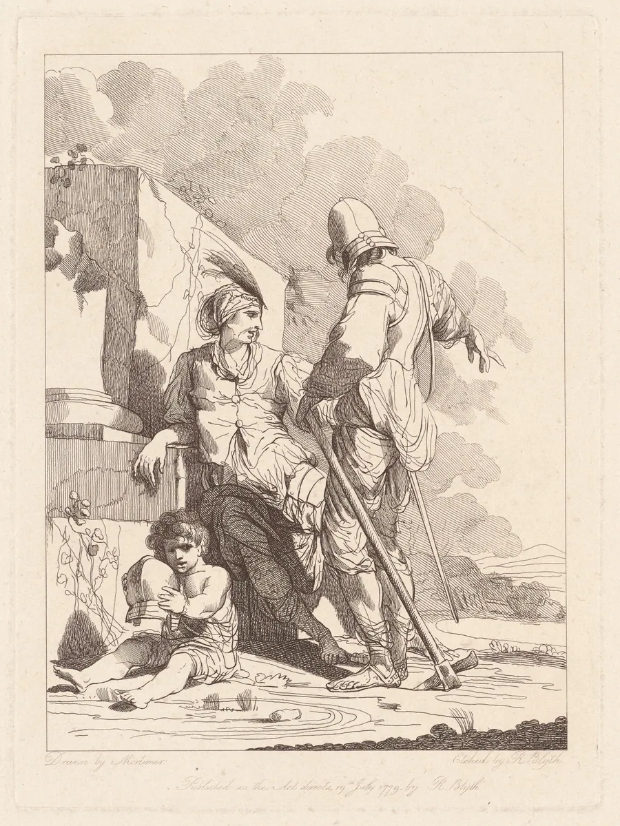 Two Soldiers and Child Holding a Helmet by Robert Blyth