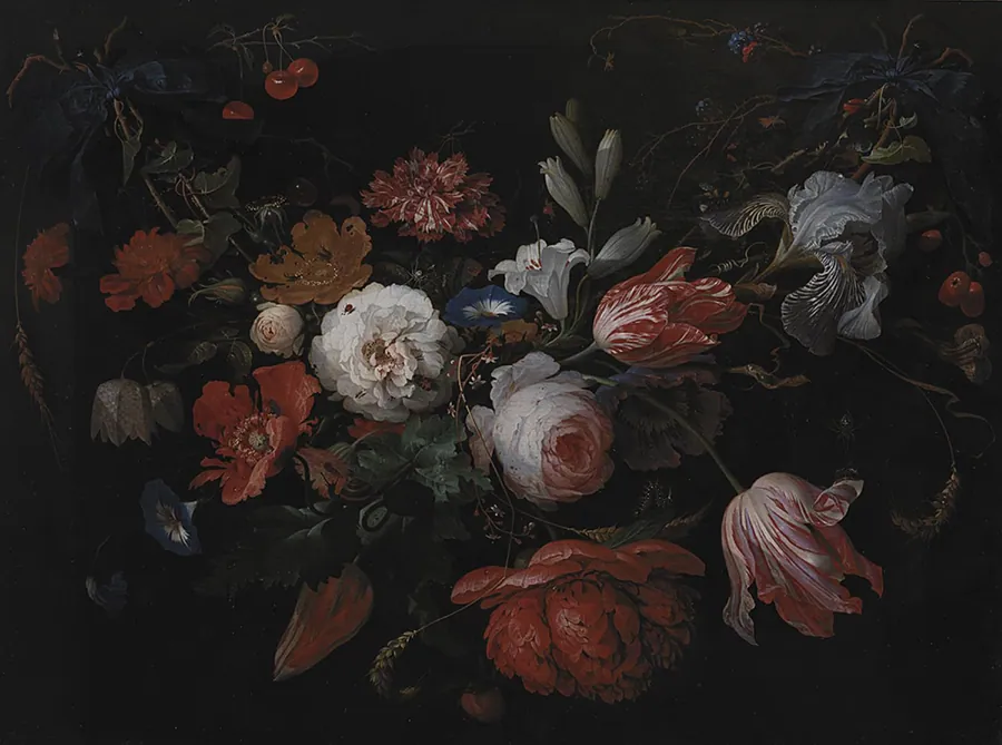 En ophængt blomsterfletning by Abraham Mignon