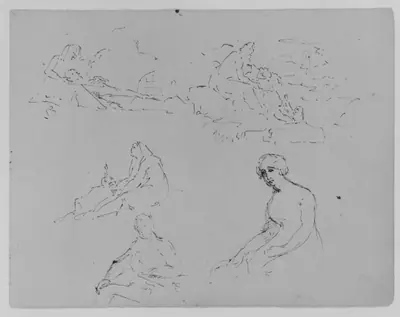 Lamentation (?); Mother and Child in Landscape; Penitent Magdalene; Seated Male at Table; Seated Female Holding a Letter (Batsheba, after Rembrandt) (from Sketchbook)