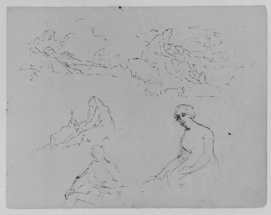 Lamentation (?); Mother and Child in Landscape; Penitent Magdalene; Seated Male at Table; Seated Female Holding a Letter (Batsheba, after Rembrandt) (from Sketchbook) by Thomas Sully