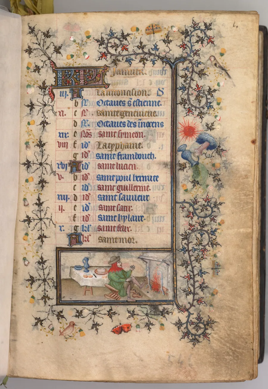 Hours of Charles the Noble, King of Navarre (1361-1425): fol. 1r, January by Master of the Brussels Initials and Associates