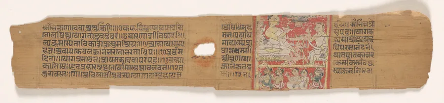Jain monk with disciple and two laymen, two nuns, and a laywoman, folio 22 (recto) from a Yoga-shastra of Hemachandra