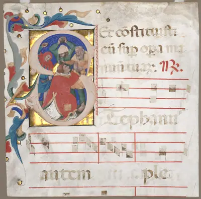 Fragment of an Antiphonary with Historiated Initial (S): The Stoning of St. Stephen