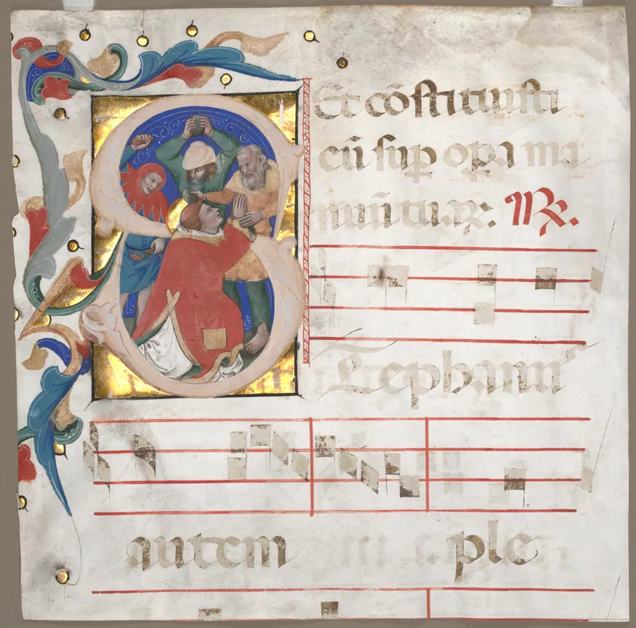 Fragment of an Antiphonary with Historiated Initial (S): The Stoning of St. Stephen by Nicolò da Bologna