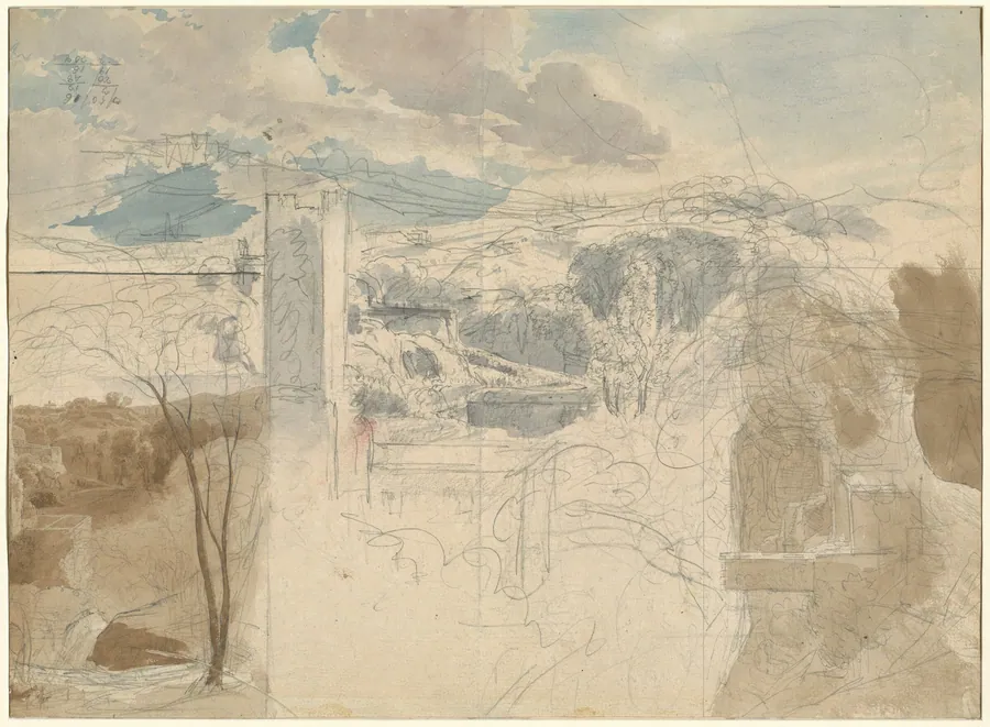 Ruins of a Fortified Tower among Wooded Hills [recto] by Friedrich Salathé