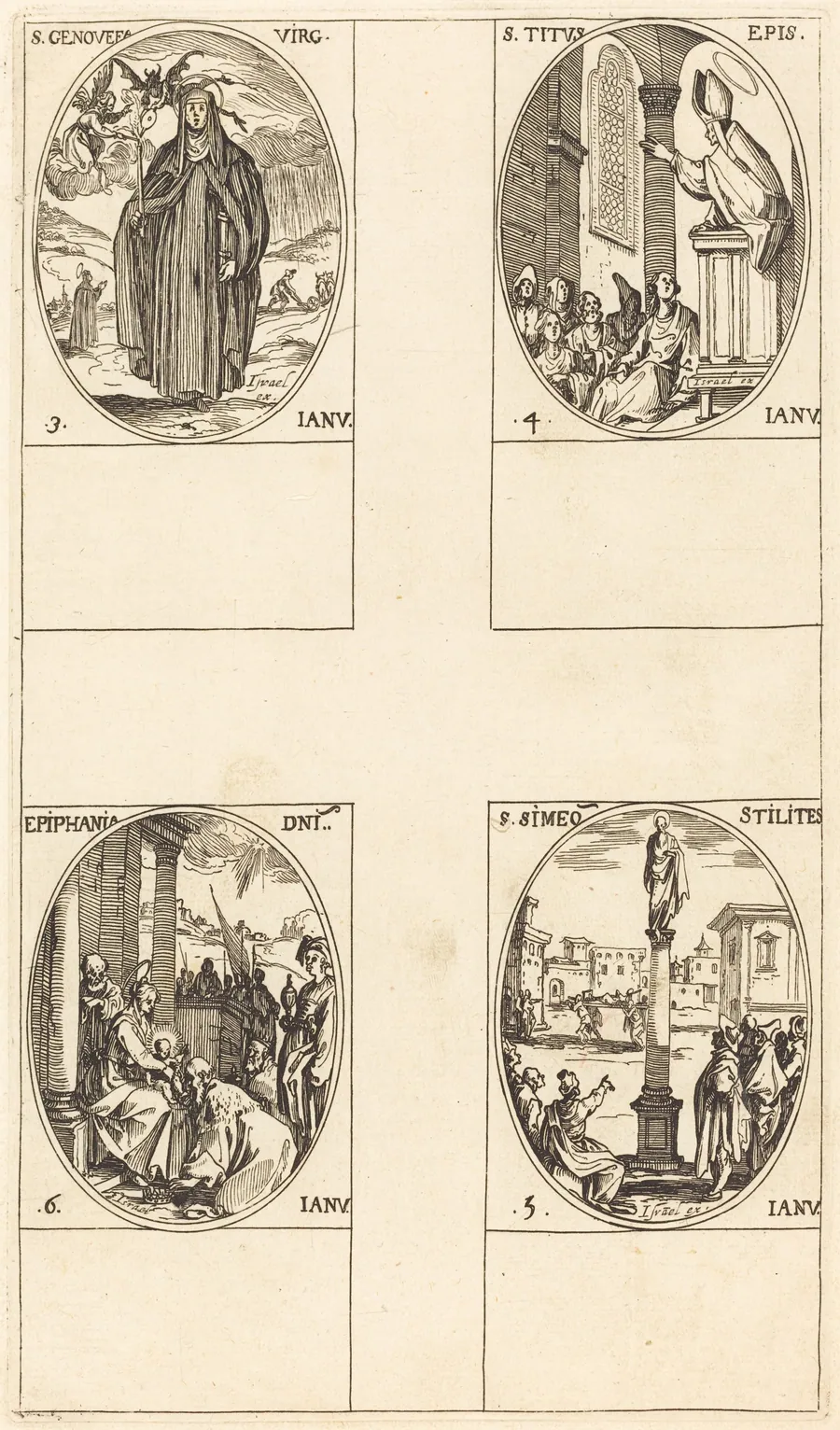 St. Genevieve; St. Titus; St. Simeon Stylites; Epiphany by Jacques Callot