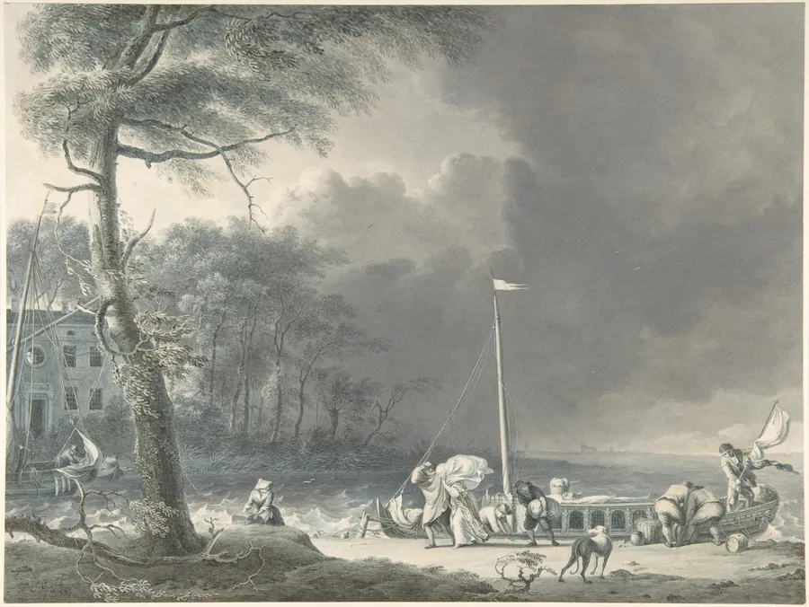 A Stormy Scene with Figures Unloading Boats Near a House on the Water's Edge by Jacob Cats