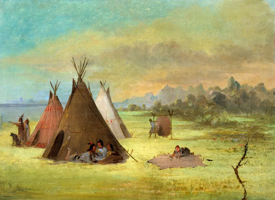 Indian Encampment, Comanche (or Kiowa) Dressing Skins, Red River by George Catlin, born Wilkes-Barre, PA 1796-died Jersey City, NJ 1872