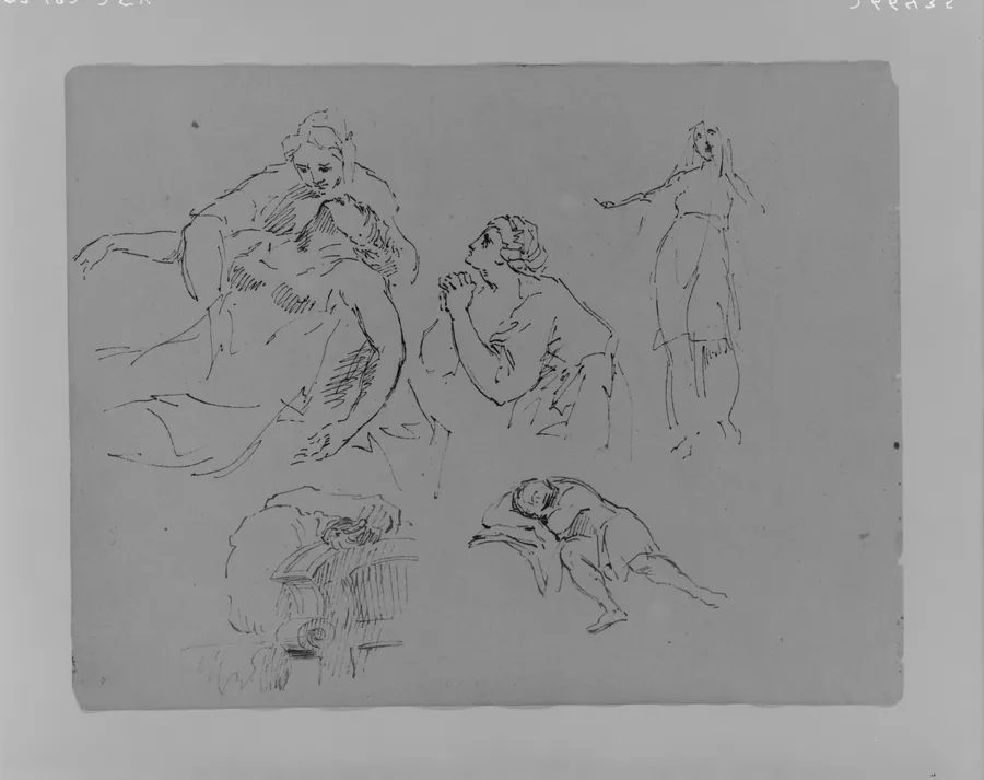 Dying Figure in the Arms of a Woman; Praying Woman; Standing Woman; Architectual Detail; Sleeping Figure (from Sketchbook) by Thomas Sully