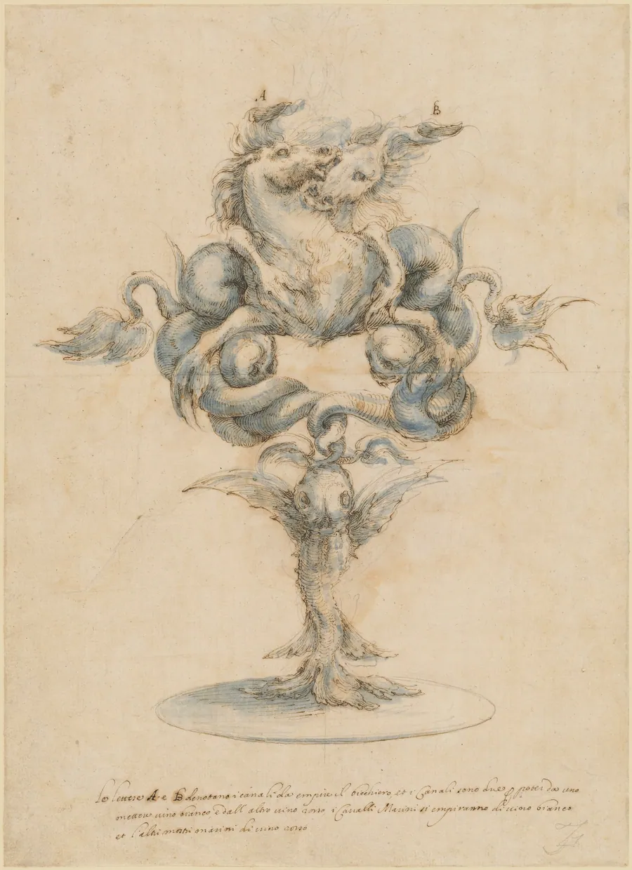 A Wine Decanter with Two Fighting Sea Horses by Master of the Medici Banquet Decanters