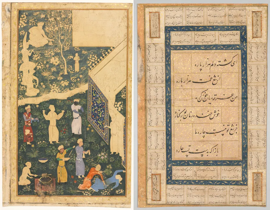 Left side of a double-page album folio: Outside a Royal Encampment (recto) and Calligraphy, Persian Verses (verso) by Bihzad