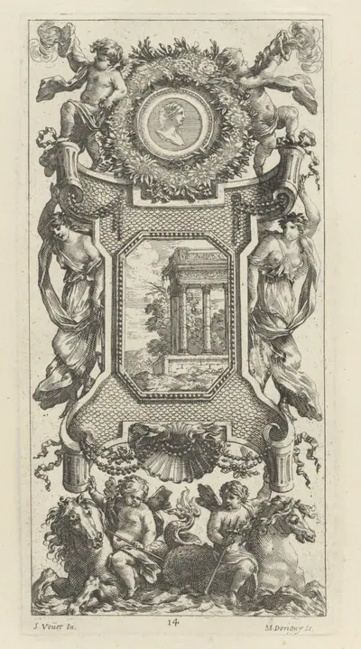 Ornamental Panel Surmounted by a Bust of a Woman and Two Putti with Flaming Trumpets
