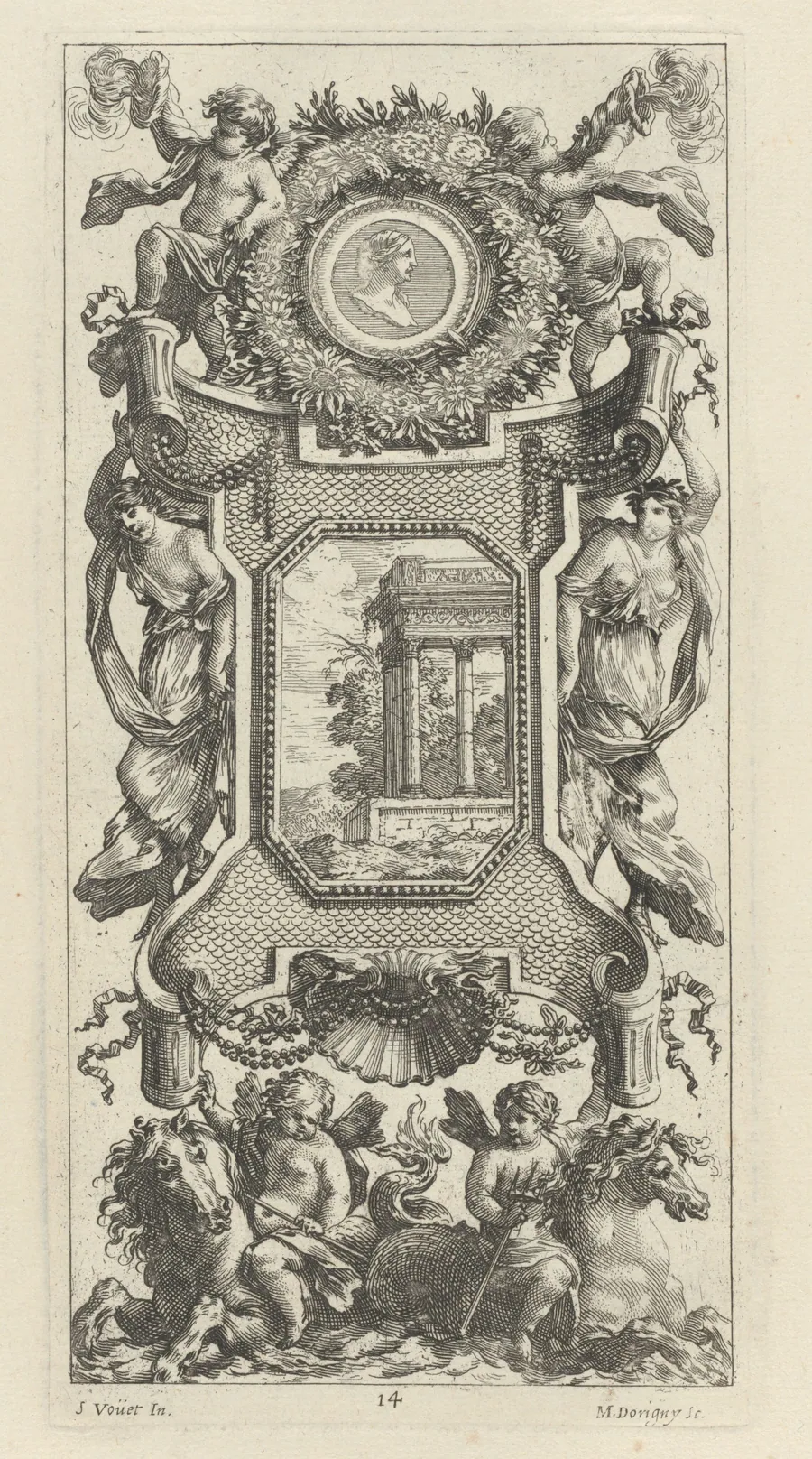 Ornamental Panel Surmounted by a Bust of a Woman and Two Putti with Flaming Trumpets by Michel Dorigny