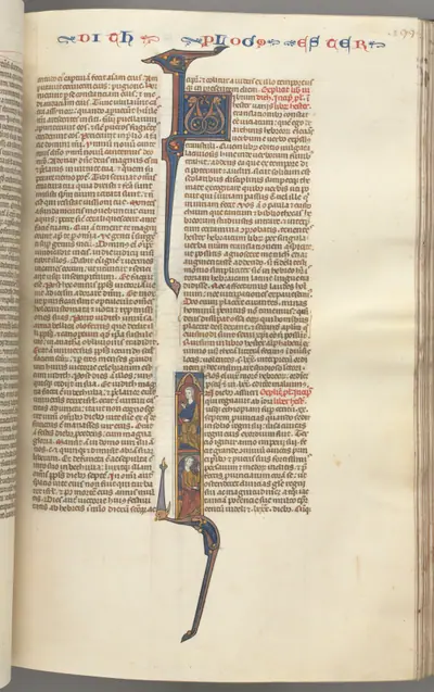 Fol. 199r, Esther, historiated initial, two seated male figures